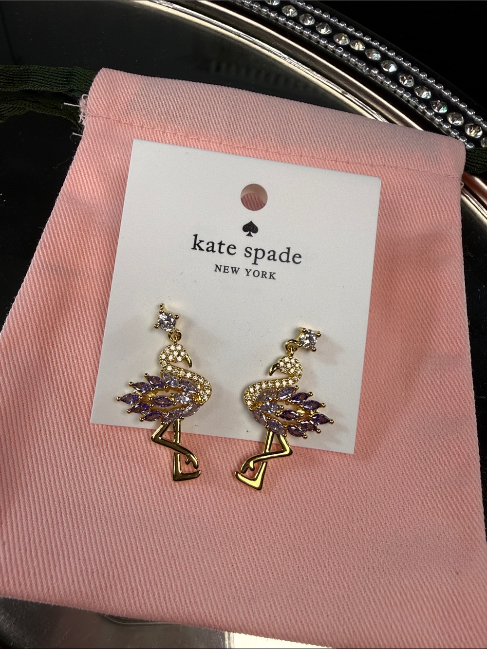kate spade Gold Flamingo Stud Earrings with Purple Crystals